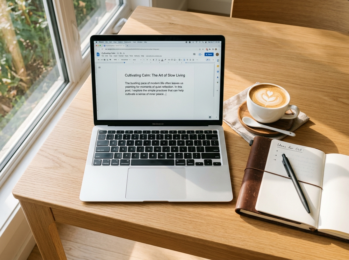Cozy writing desk with coffee cup, journal and laptop open displaying blog editor