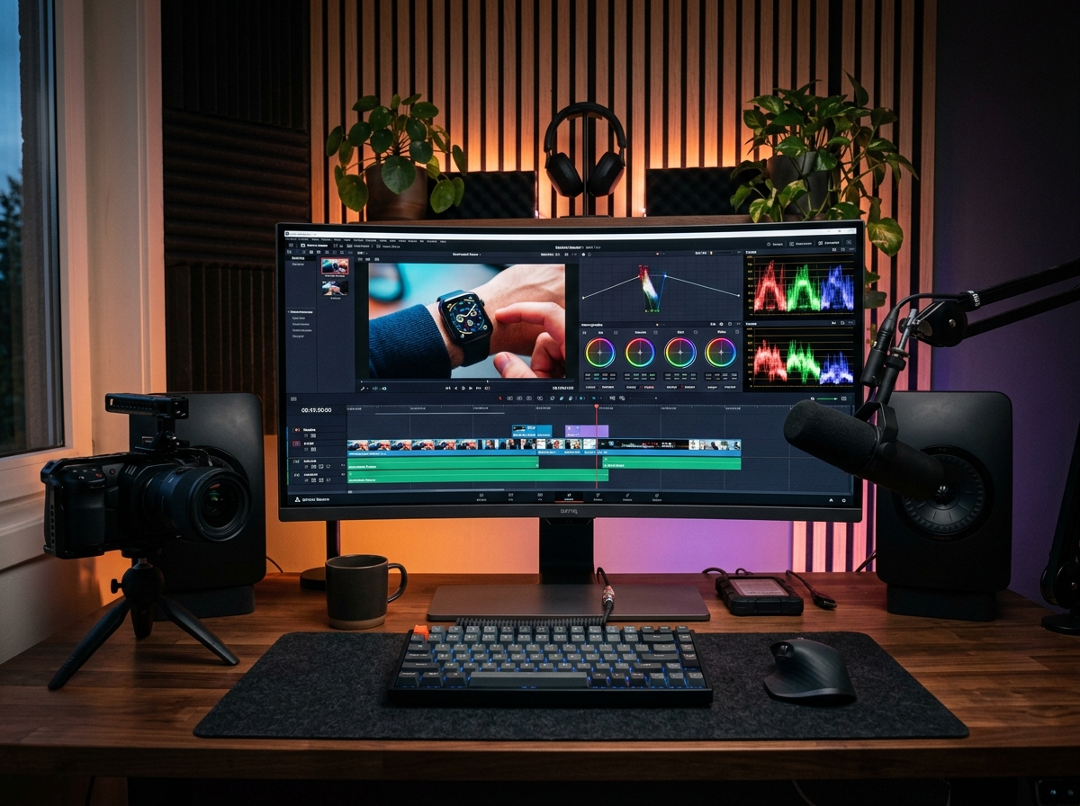 Sleek tech review setup with professional editing timeline visual